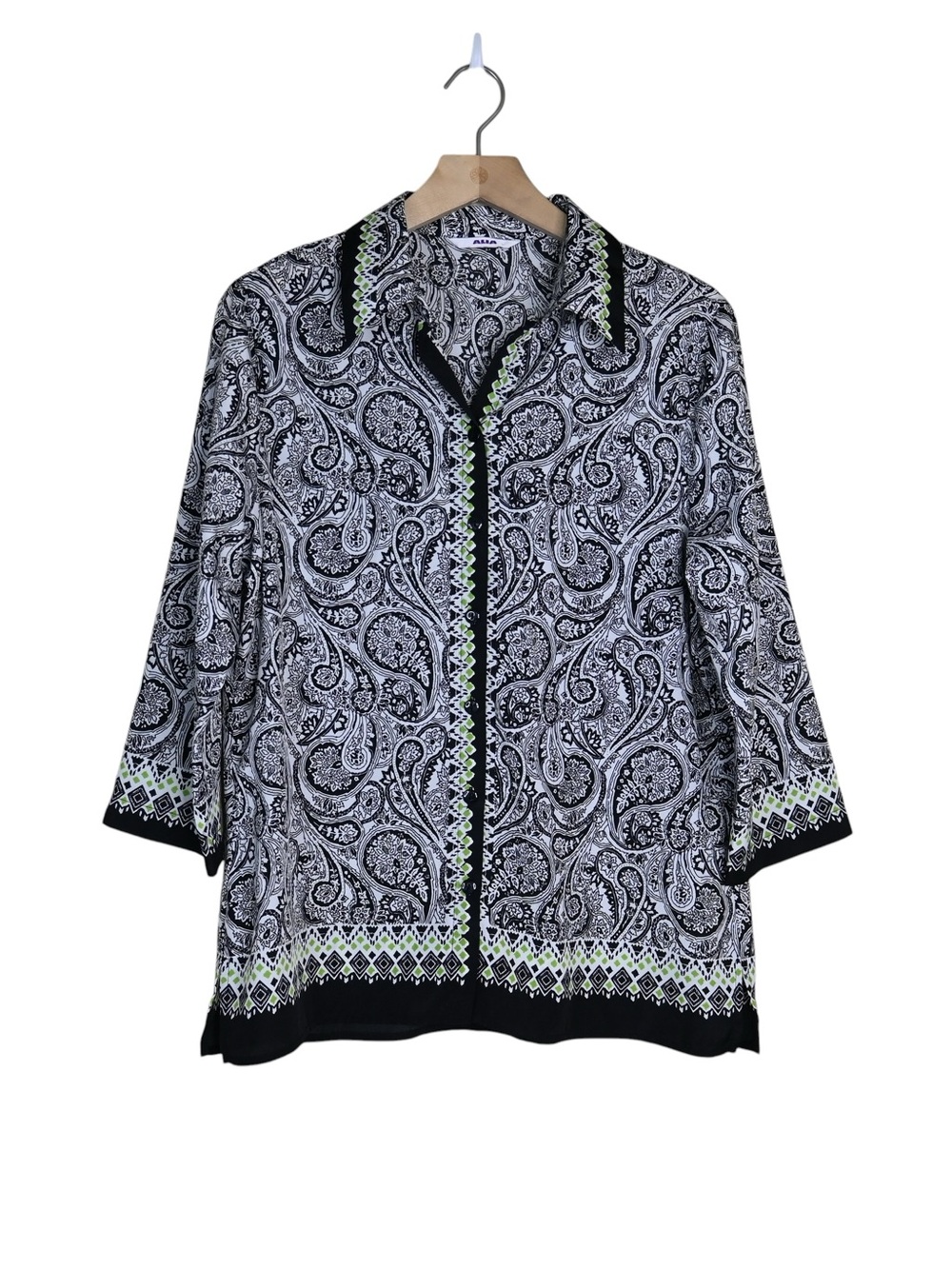 Alia Women's Paisley Print 3/4 Sleeve Button Front Blouse in Black White & Lime